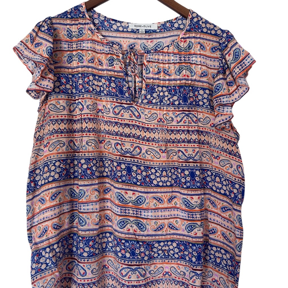 Rose+Olive Boho Paisley Print Blouse- Flutter Sleeve Tie. Size Large